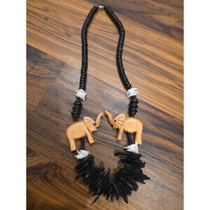 Boho Tribal Elephant Necklace Black Wood Bead Statement Chunky Carved Animals